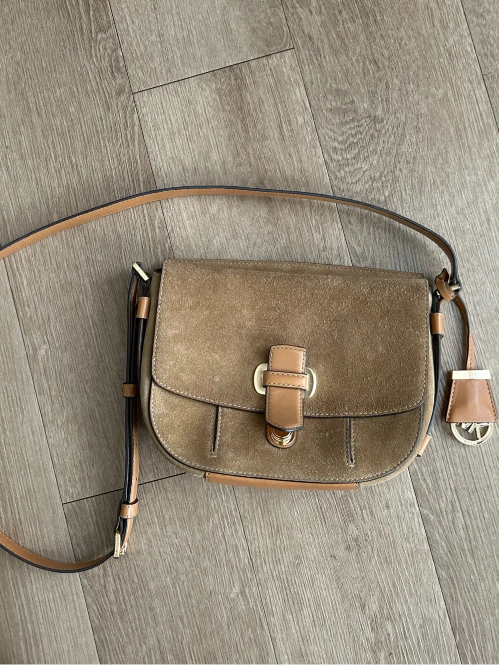 Classic Brown Suede Crossbody Bag with Tan Trim